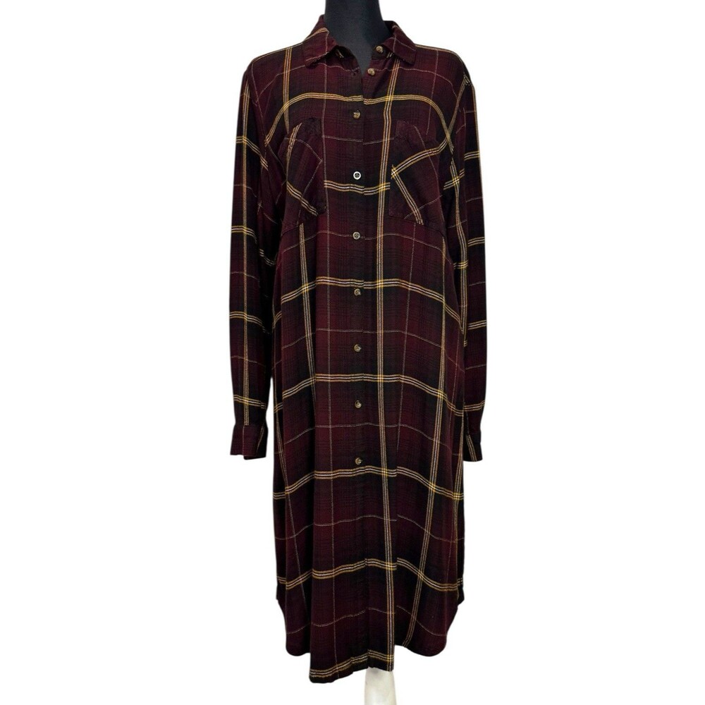 Maurice’s Plus Size 1 Relaxed Fit Plaid Burgundy Button Down Duster Shirt Long